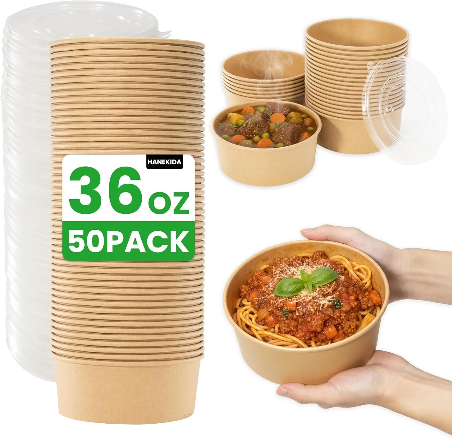 50 Count 36 oz Large Disposable Paper Bowls with Lids, Salad Containers for Lunch, Paper Meal Prep Containers for Hot & Cold Food, Soup, Ramen, Salad