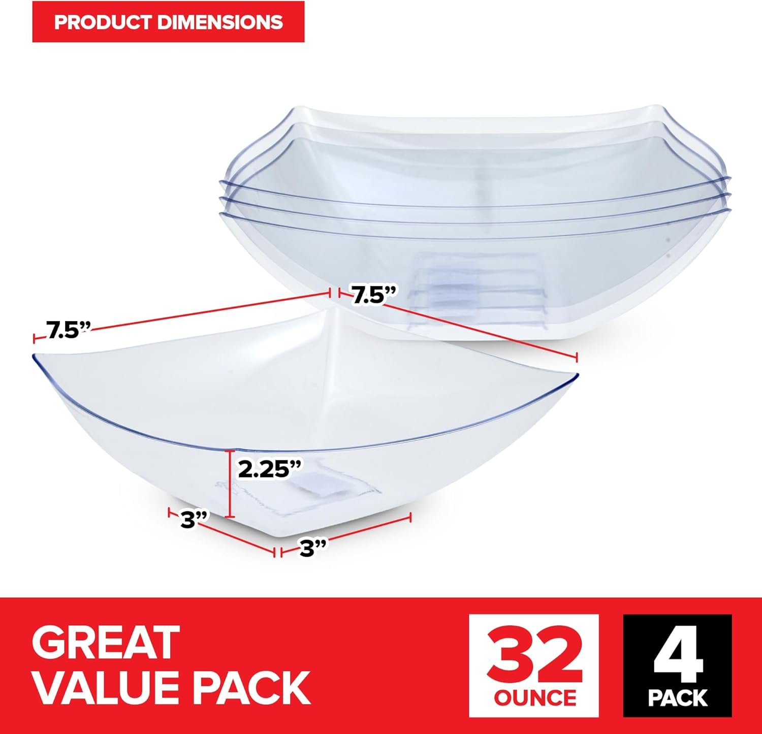 Wholesale 32oz Clear Plastic Serving Bowls 4 Pack Medium Square Candy Dishes Buffet Containers for Chips Snacks Mints Salad Bar Office Parties Bridal Showers Factory