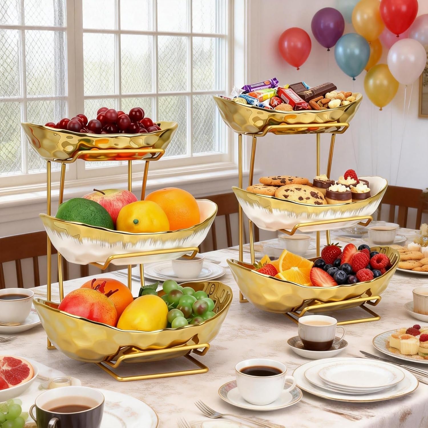 OEM 3-Tier Ceramic Fruit Bowl with Metal Stand for Kitchen Counter - Multi-Level Fruit Basket Serving Tray for Snacks Nuts Cakes Desserts Bread Candy Vegetables - Decorative Party Wedding Home Storage Factory