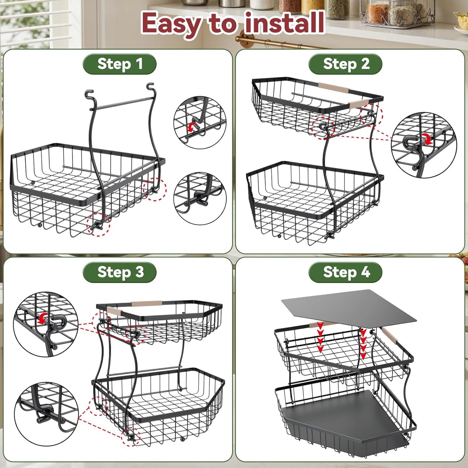 OEM 2-Tier Detachable Metal Fruit Basket with Dual Banana Hangers Wooden Handle for Kitchen Counter Storage Large Capacity Stand Fruits Veggies Bread Factory