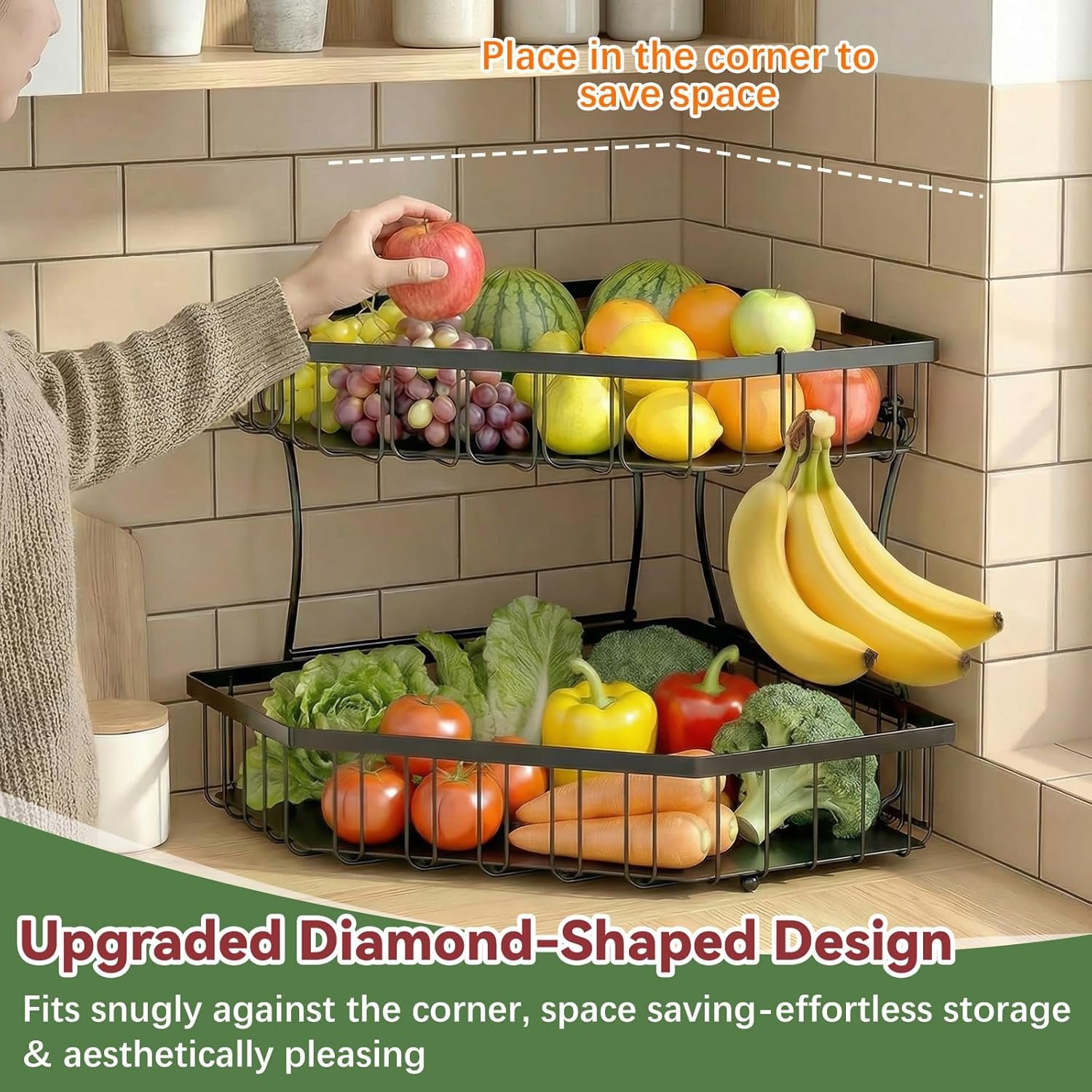 OEM 2-Tier Detachable Metal Fruit Basket with Dual Banana Hangers Wooden Handle for Kitchen Counter Storage Large Capacity Stand Fruits Veggies Bread Factory