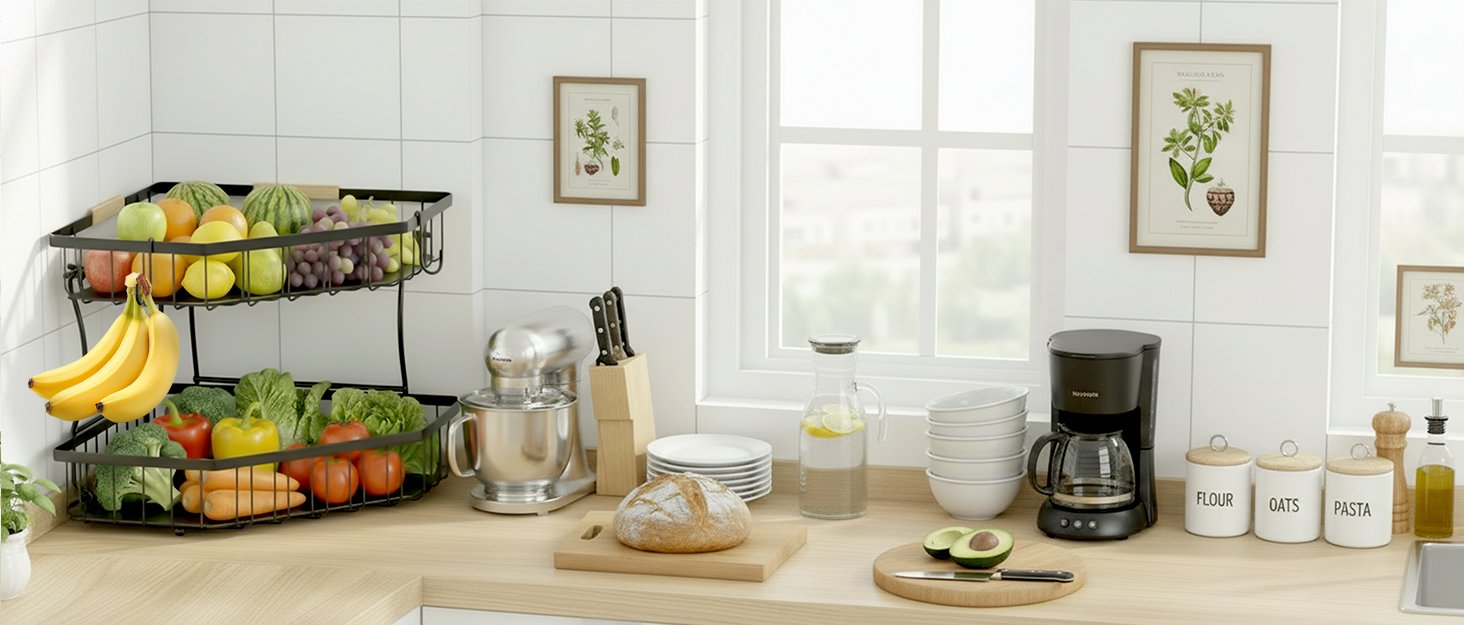 OEM 2-Tier Detachable Metal Fruit Basket with Dual Banana Hangers Wooden Handle for Kitchen Counter Storage Large Capacity Stand Fruits Veggies Bread Factory