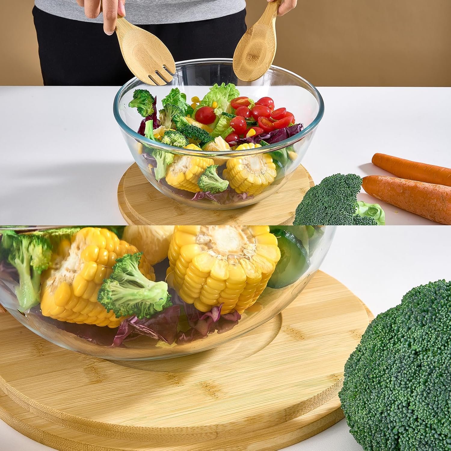 OEM 10.7 Inch 4.7 Quart Thick Glass Salad Bowl with Lid Bamboo Utensils Microwave Safe Mixing Serving Trifle Fruit Bowl for Pasta Salad Factory