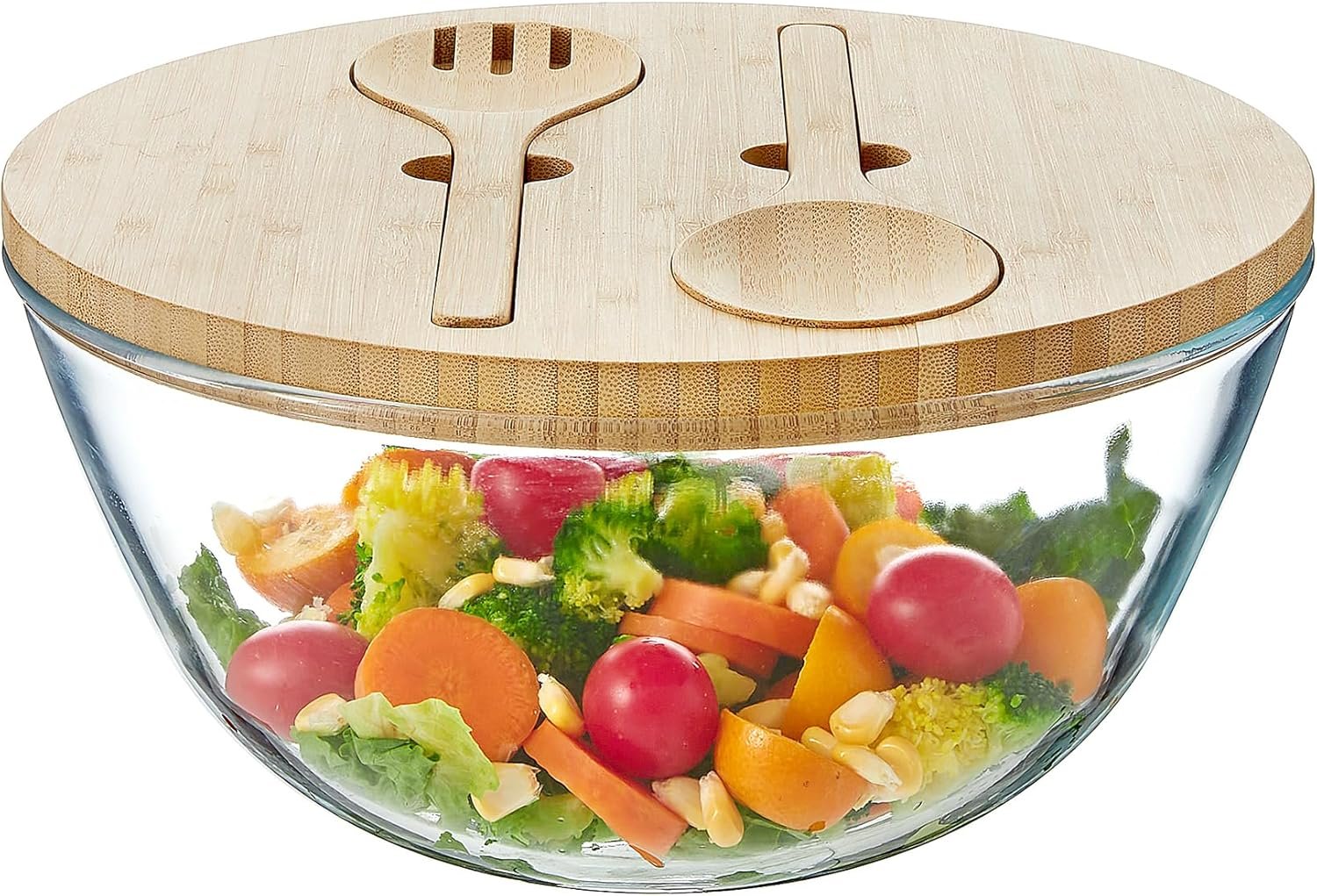 OEM 10.7 Inch 4.7 Quart Thick Glass Salad Bowl with Lid Bamboo Utensils Microwave Safe Mixing Serving Trifle Fruit Bowl for Pasta Salad Factory