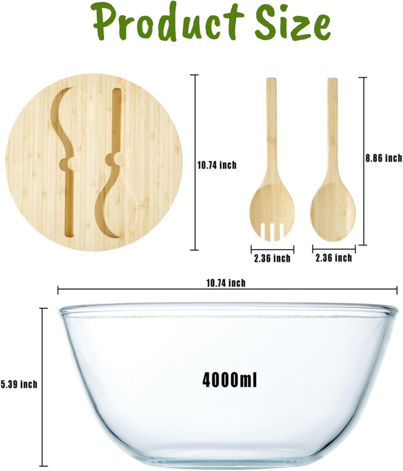 OEM 10.7 Inch 4.7 Quart Thick Glass Salad Bowl with Lid Bamboo Utensils Microwave Safe Mixing Serving Trifle Fruit Bowl for Pasta Salad Factory