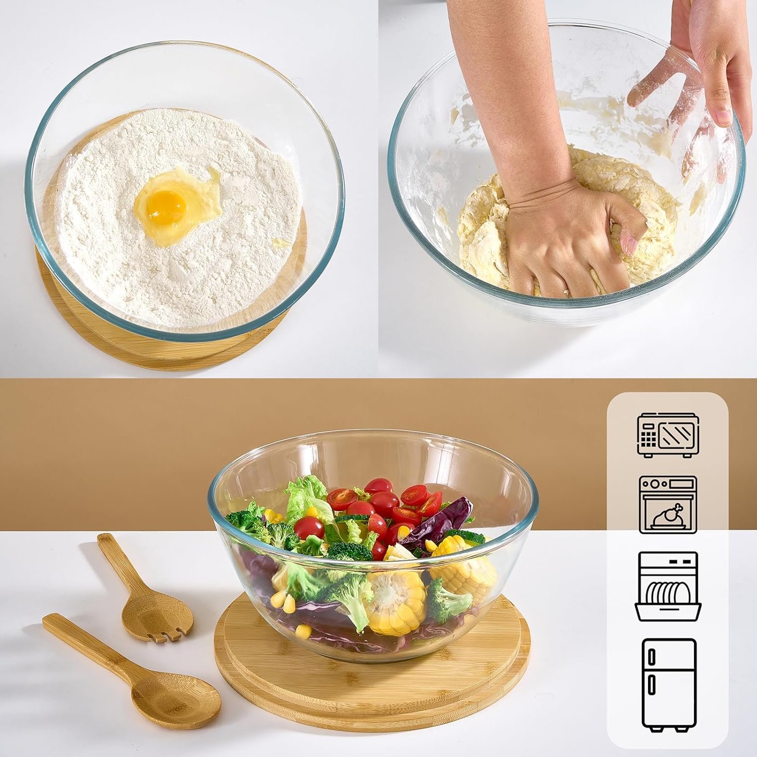 OEM 10.7 Inch 4.7 Quart Thick Glass Salad Bowl with Lid Bamboo Utensils Microwave Safe Mixing Serving Trifle Fruit Bowl for Pasta Salad Factory