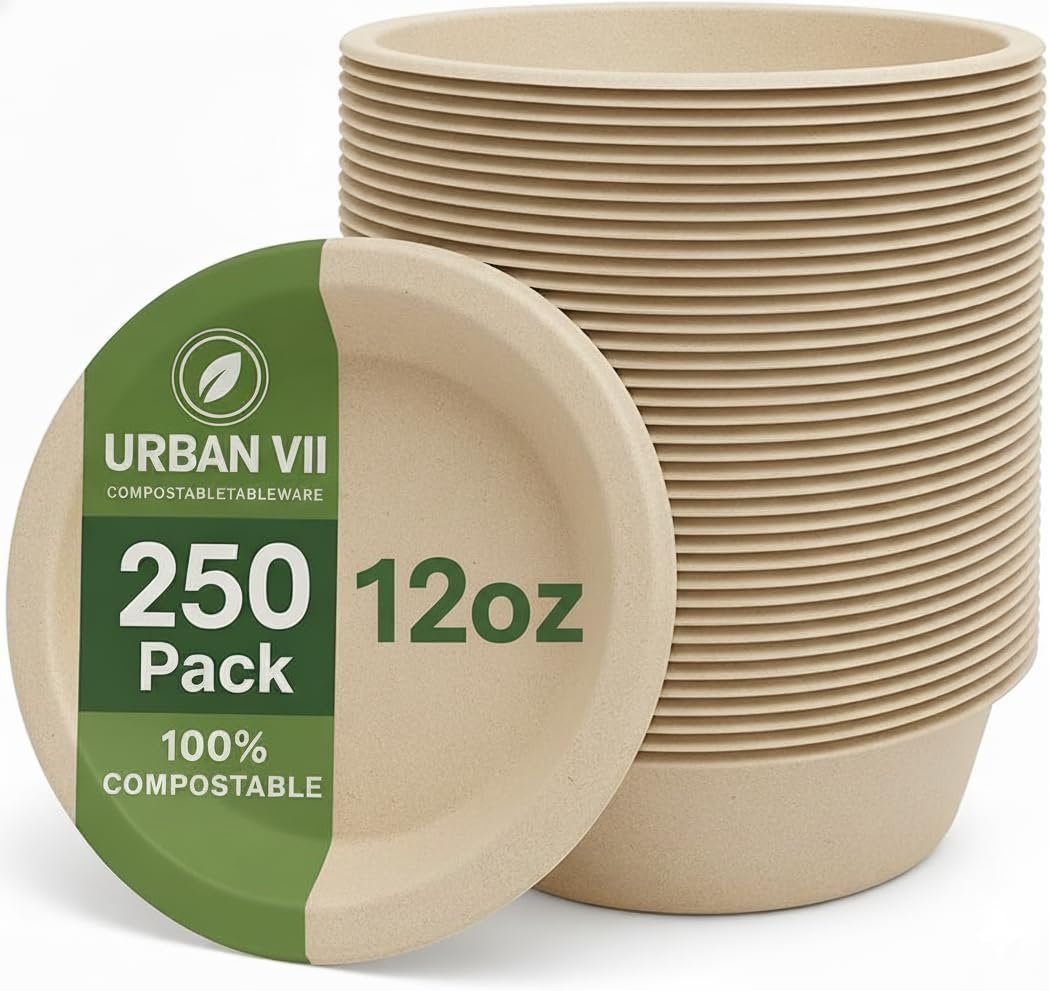12 oz Beige Compostable Paper Bowls [250-Pack] – Heavy-Duty & Leak-Resistant Disposable Bowls, Natural Sugarcane Bagasse Fiber, Microwave-Safe, Eco-Friendly for Parties, Catering & Everyday