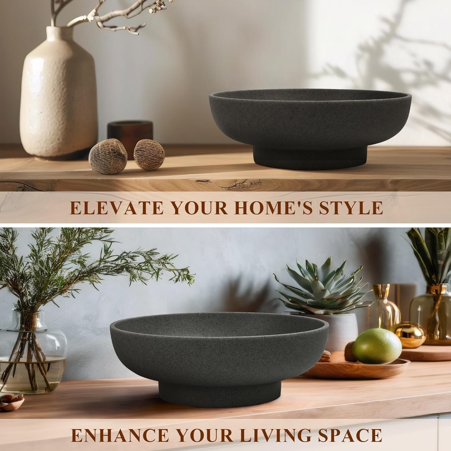 OEM Large Modern Resin Decorative Bowl for Home Kitchen Fruit Key Display Black Artificial Stone Factory