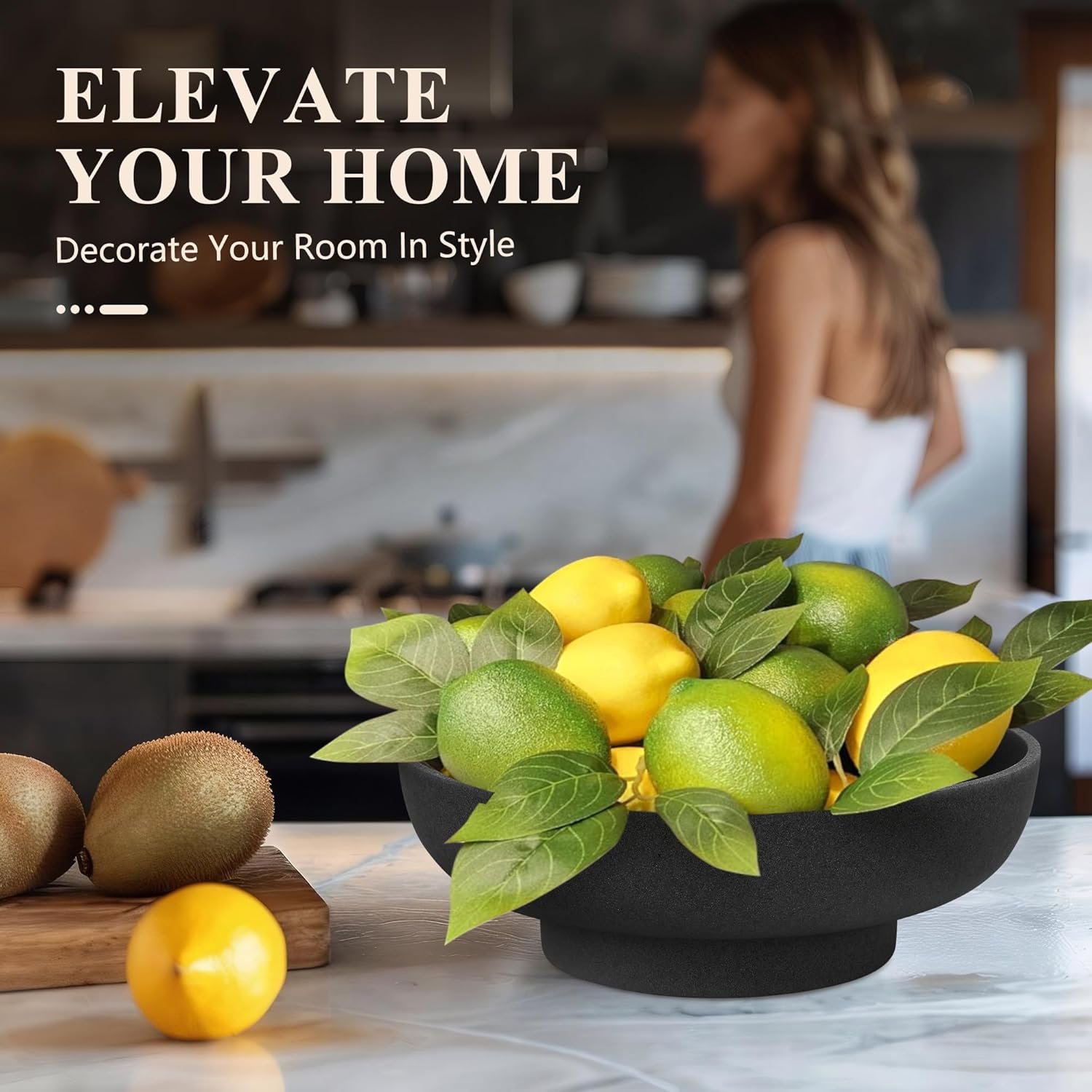 OEM Large Modern Resin Decorative Bowl for Home Kitchen Fruit Key Display Black Artificial Stone Factory