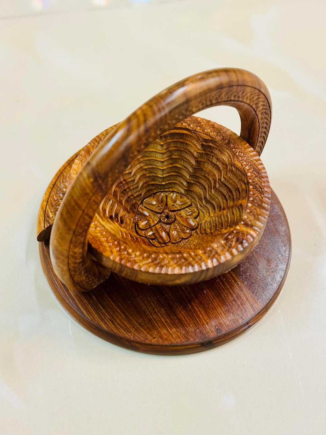 OEM Handmade 8-Inch Collapsible Rosewood Basket with Single Flower Bowl Design Fruit Bread Bowl Trivet Folds Flat for Storage Unique Centerpiece Gift Factory