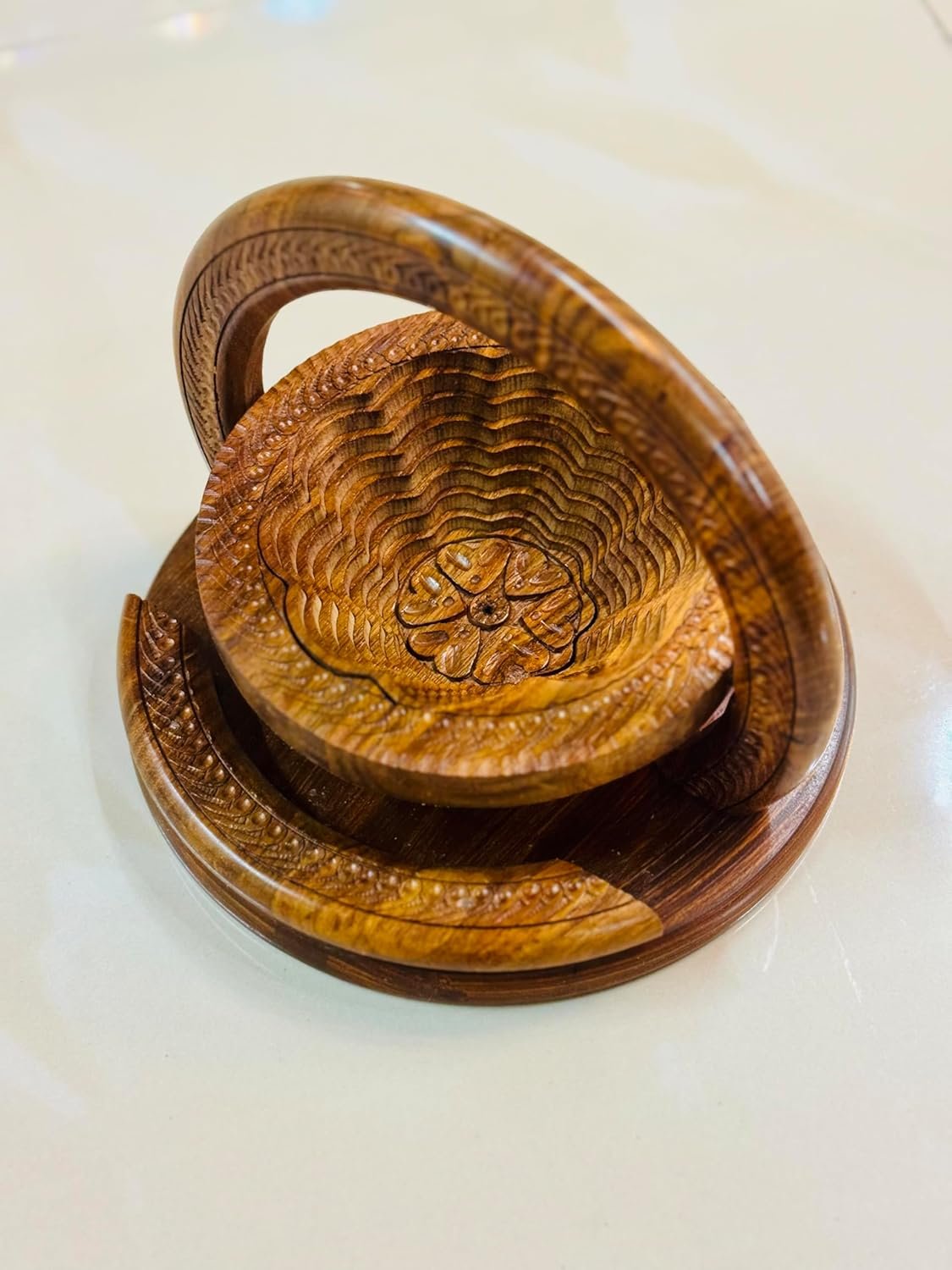 Handmade 8″ Collapsible Wooden Basket, Single Bowl Flower Design in Himalayan Rosewood, Fruit Basket, Bread Bowl & Trivet, Folds Flat for Easy Storage – Unique Centerpiece & Gift