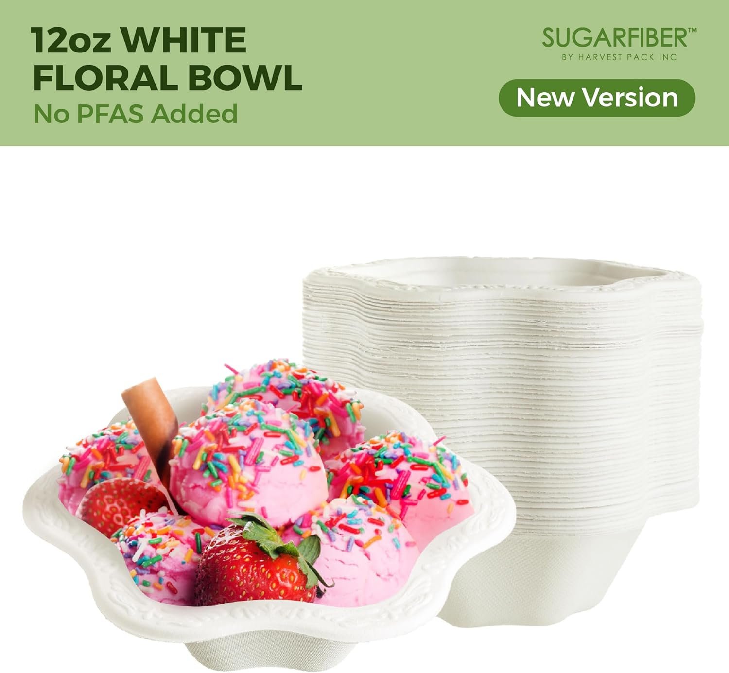 Wholesale 50 Count 12oz Compostable Floral White Paper Bowls Eco-Friendly Plastic-Free Elegant Natural Sugarcane Disposable Bagasse Bowls for Ice Cream Dessert Factory