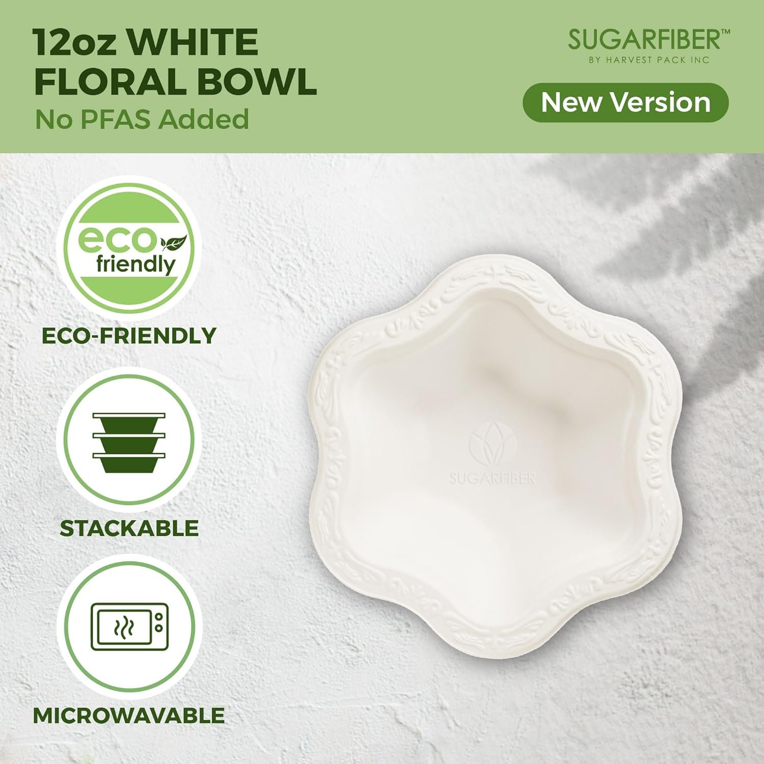 Wholesale 50 Count 12oz Compostable Floral White Paper Bowls Eco-Friendly Plastic-Free Elegant Natural Sugarcane Disposable Bagasse Bowls for Ice Cream Dessert Factory