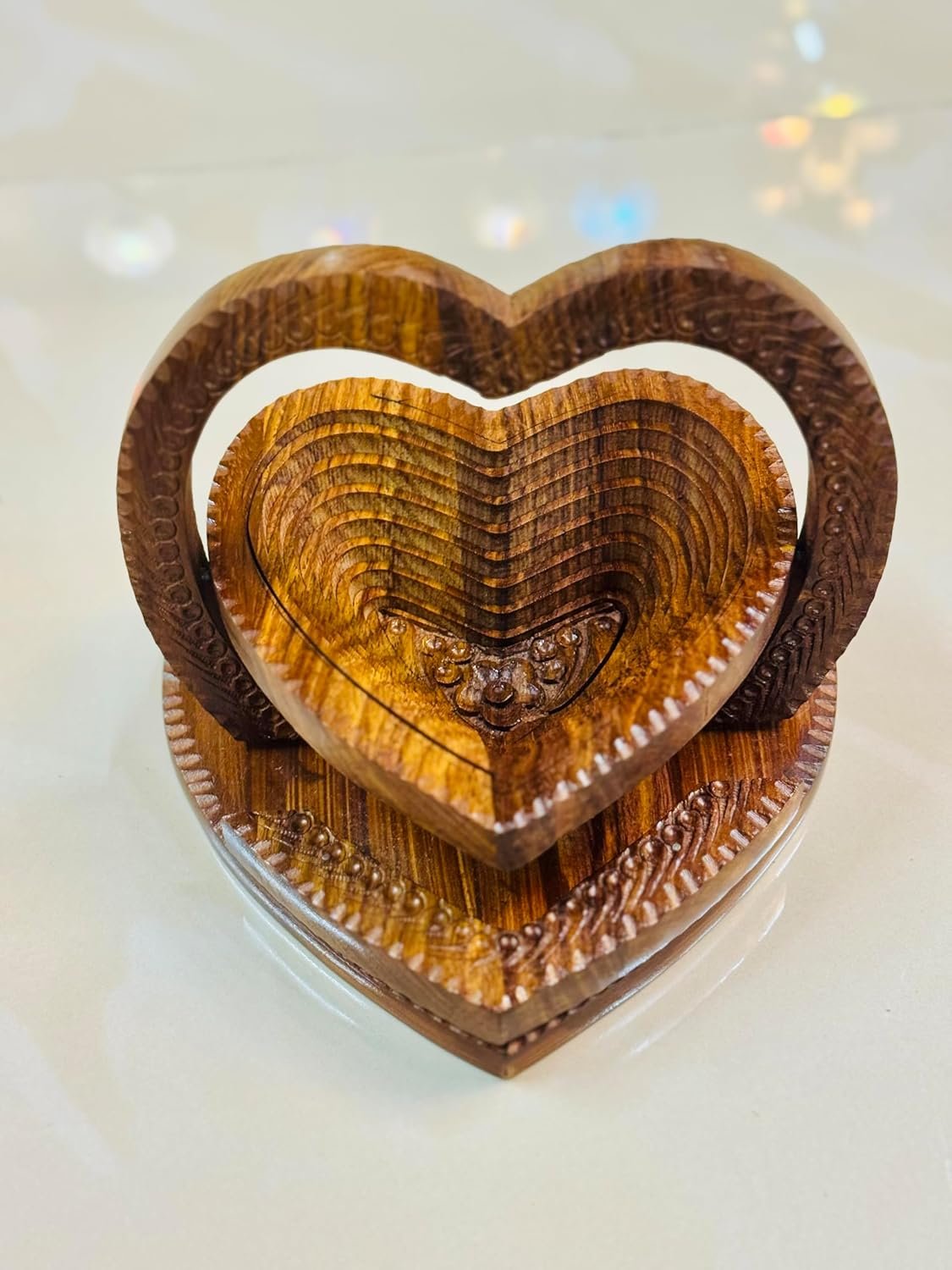 OEM Handmade 8-Inch Collapsible Rosewood Basket with Single Heart Design, Fruit Bowl Trivet and Bread Holder, Folds Flat for Storage, Unique Centerpiece Gift Factory