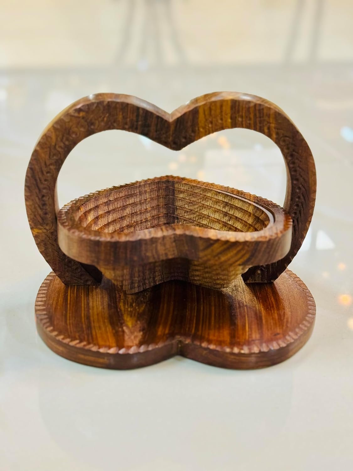 OEM Handmade 8-Inch Collapsible Rosewood Basket with Single Heart Design, Fruit Bowl Trivet and Bread Holder, Folds Flat for Storage, Unique Centerpiece Gift Factory