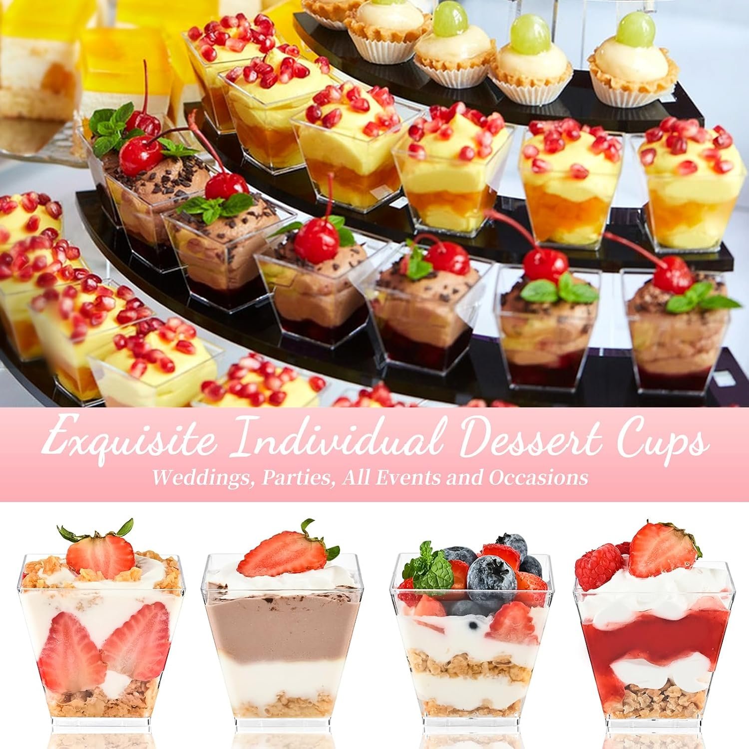 Wholesale 50 Pack 3.5 oz Plastic Dessert Cups with Spoons Irregular Square Mini Bowls for Party Trifle Yogurt Parfait Pudding Appetizers Factory