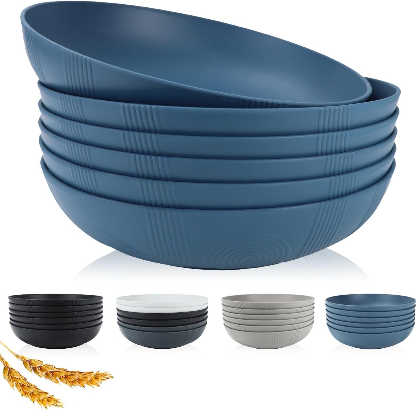 PYRMONT 10inches Large Pasta Bowls Set of 6-65oz Wheat Straw Bowl,Bowl Plates,Large Plastic Bowls Reusable for Pasta,Salad,Soup,Unbreakable & Lightweight Plates for Kitchen,Dishwasher Safe,BPA-Free