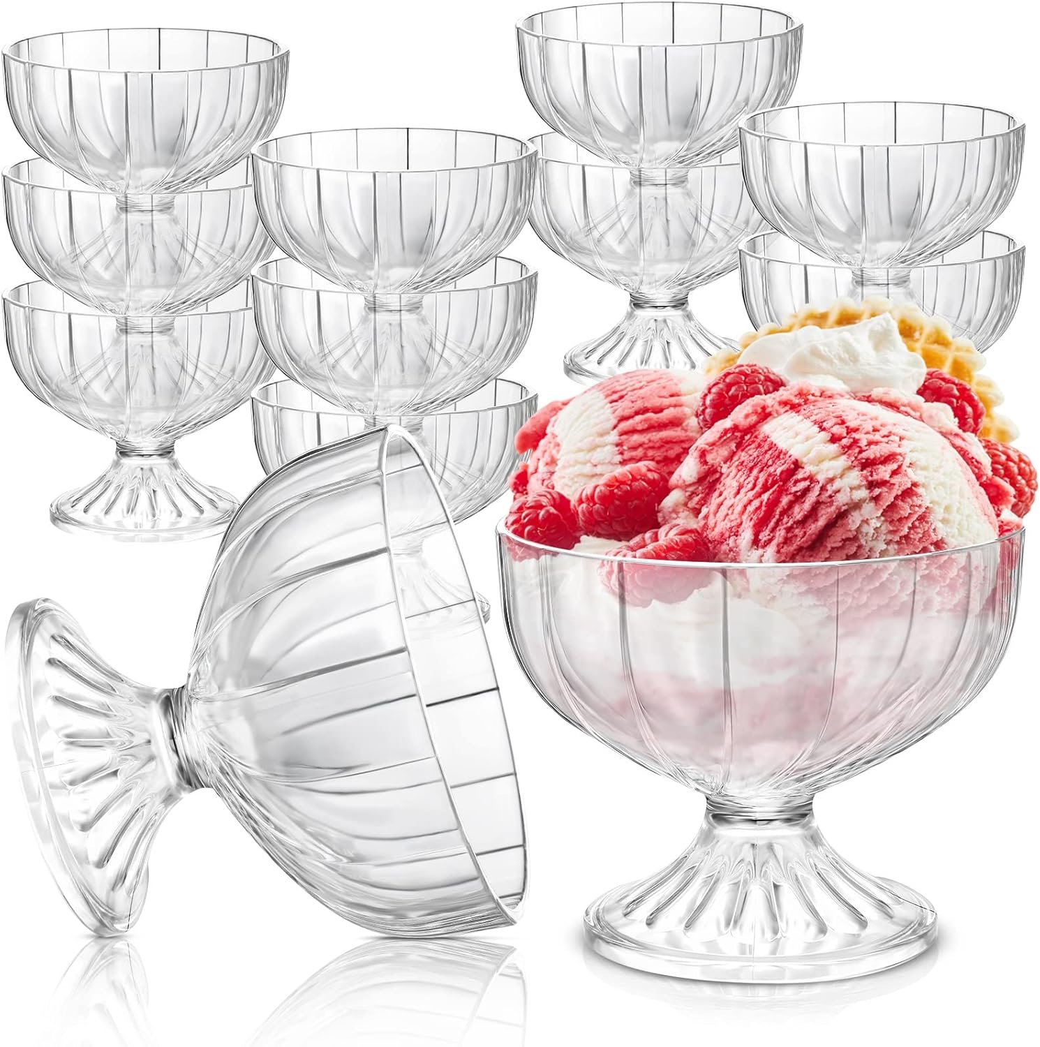 Meanplan 12 Pcs Acrylic Ice Cream Bowls 10 oz Clear Dessert Bowls with Footed Ice Cream Cups Cute Plastic Trifle Tableware for Serving Sundae Salad Fruit Snack Holiday Party