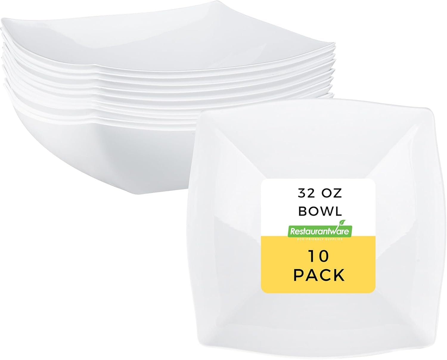 Restaurantware Moderna 32 Ounce Fancy Plastic Bowls 10 Square Disposable Salad Bowls - Durable Heavy-duty White Plastic Bowls For Warm And Cold Foods