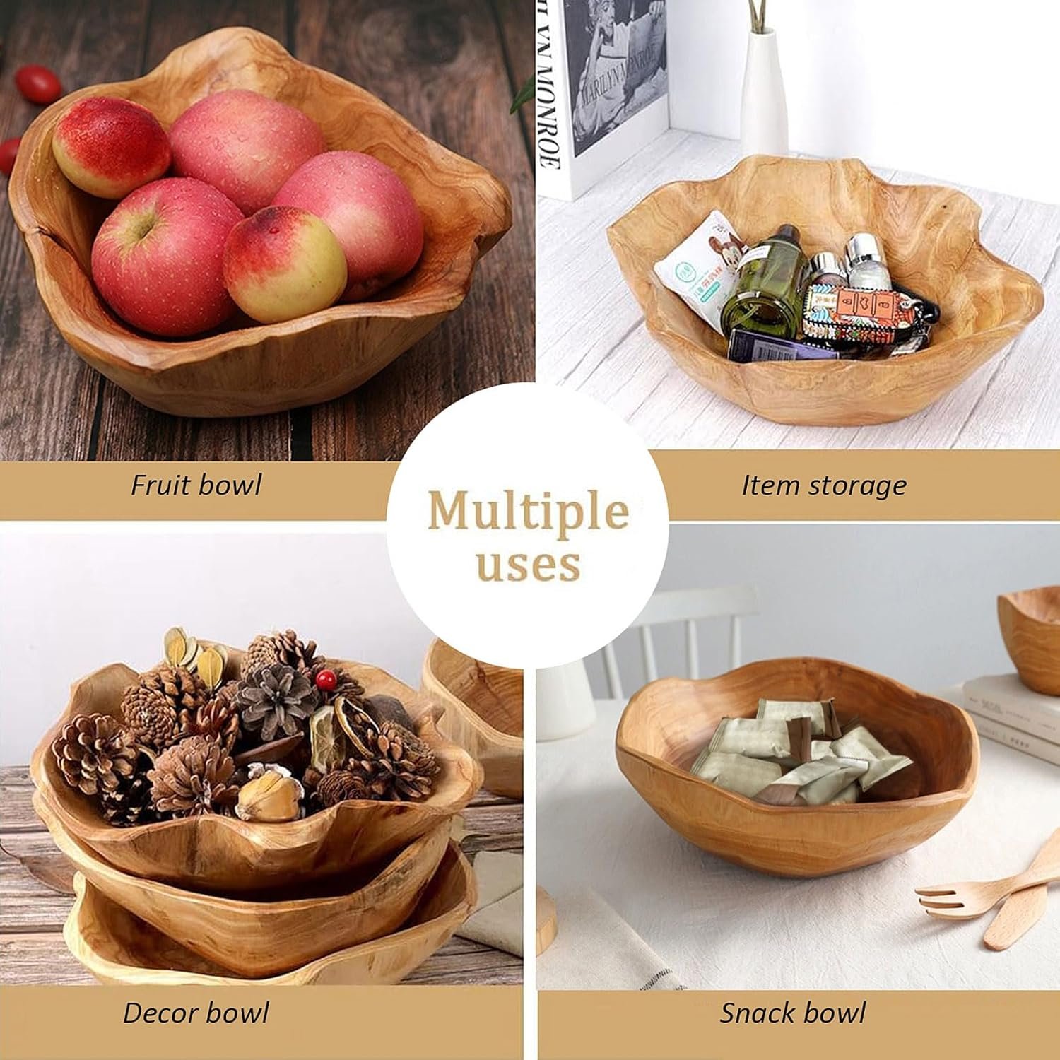 OEM Decorative Natural Wooden Fruit Bowl Irregular Rustic Hand-Carved Serving Dish for Snacks Candy Keys Home Decor 12-14 Inch Diameter Factory