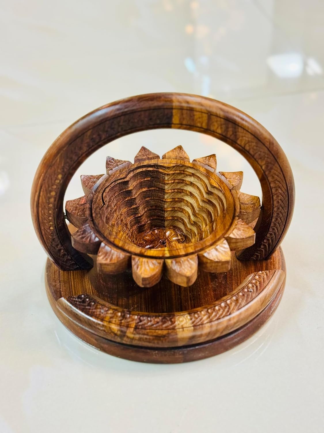 OEM 8-Inch Handmade Collapsible Rosewood Basket Sunflower Design Single Bowl for Fruit Bread Trivet Folds Flat Easy Storage Unique Centerpiece Gift Manufacturer