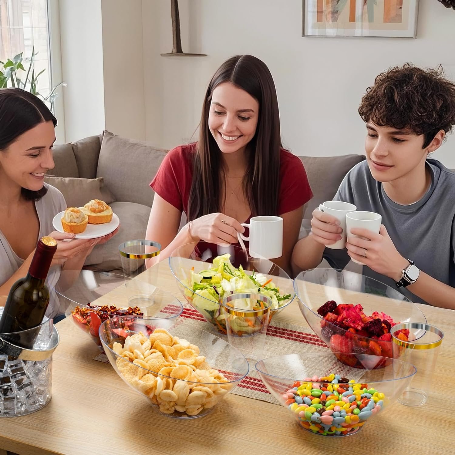 Wholesale 54oz Clear Plastic Angled Disposable Serving Bowls 12 Pack for Chips Snacks Fruit Salad Parties Catering Christmas Factory