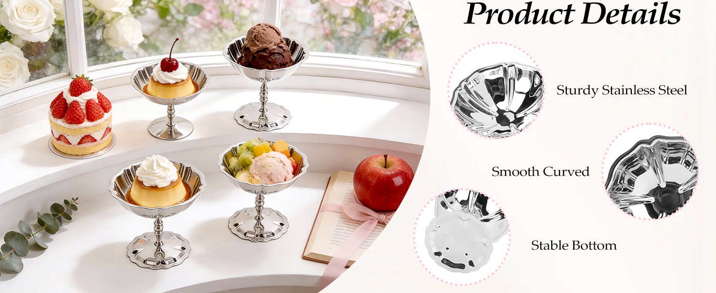 OEM Stainless Steel Tall Footed Ice Cream Cups Dessert Serving Bowls Sundae Trifle for Custard Mousse Salad Parties Factory
