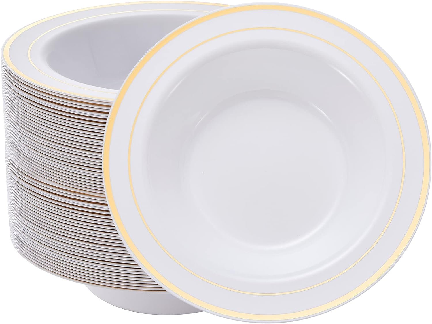N9R 60PCS Disposable Plastic Bowls with Gold Rim, 12 oz Fancy White Plastic Bowls, Premium Dessert Salad Bowls Perfect for Party, Wedding and Everyday Use