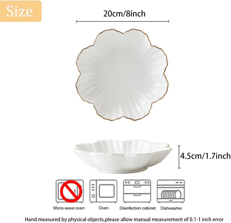 OEM 8 Inch White Porcelain Serving Dish Ceramic Flower Relish Tray Metallic Rim for Weddings Parties Snacks Cereal Pasta Salad Candy Factory