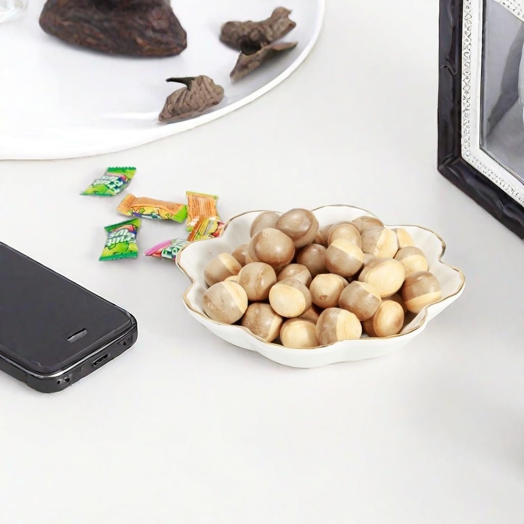 OEM 8 Inch White Porcelain Serving Dish Ceramic Flower Relish Tray Metallic Rim for Weddings Parties Snacks Cereal Pasta Salad Candy Factory