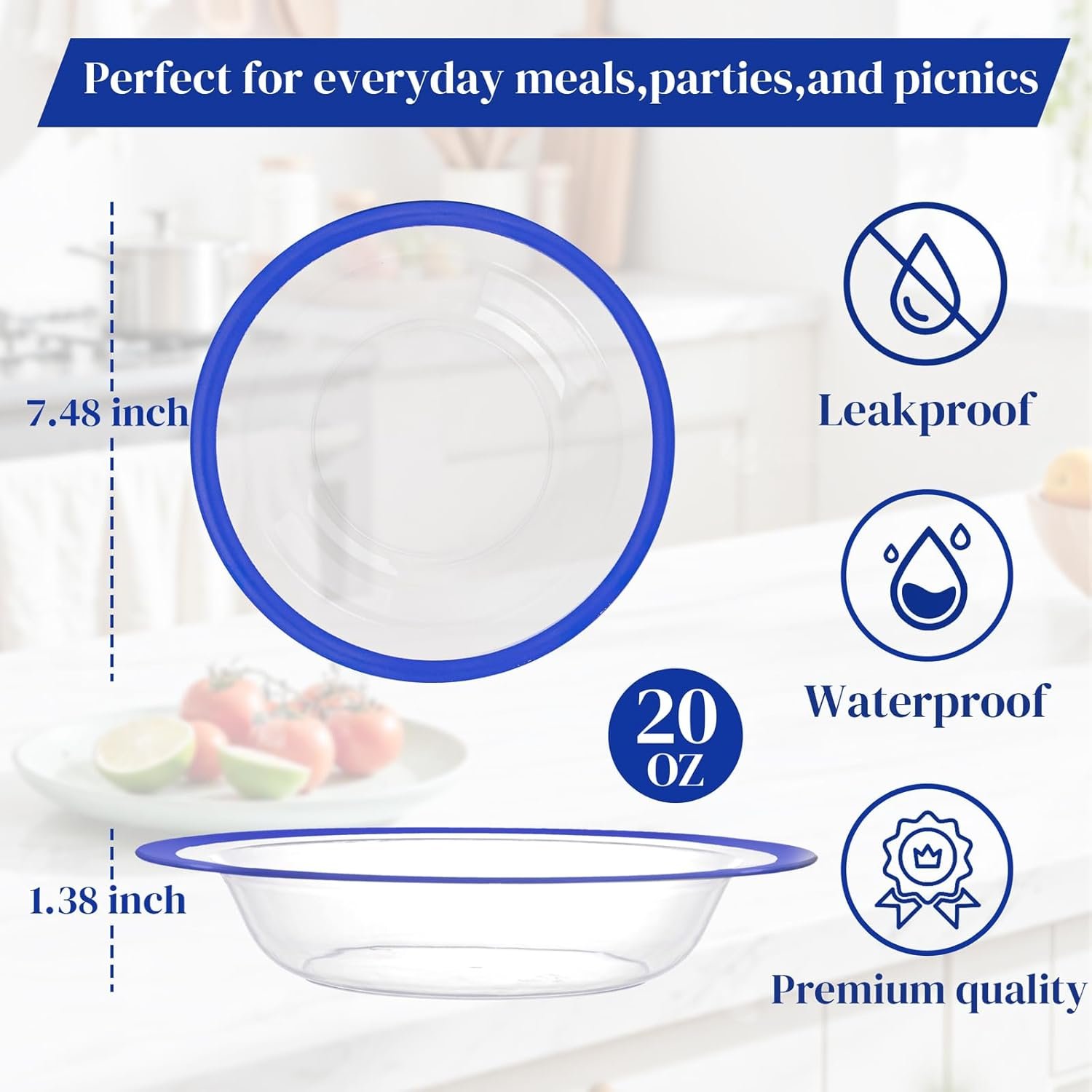 Wholesale 60Pcs 12OZ Blue and Clear Disposable Plastic Soup Bowls Premium Heavy Duty for Weddings and Independence Day Factory