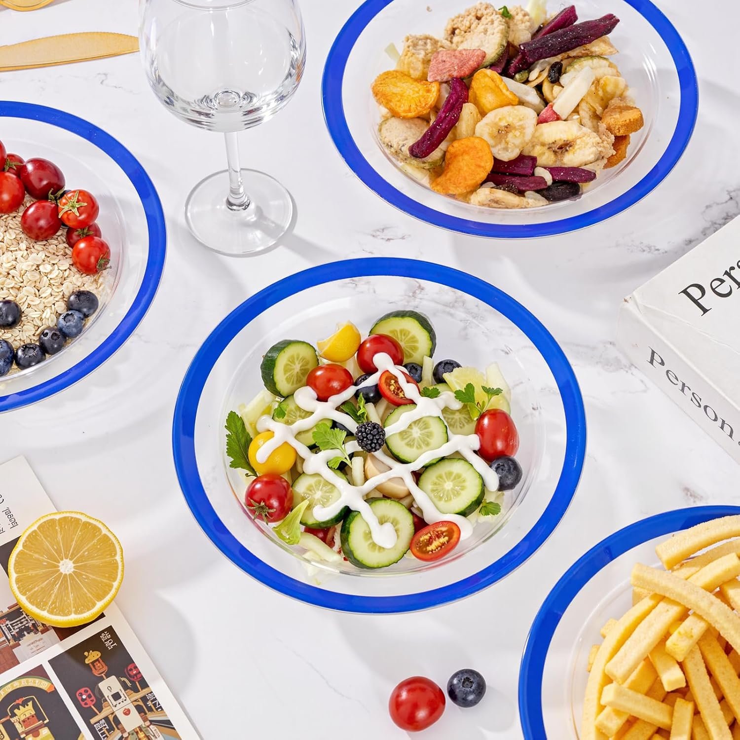 Wholesale 60Pcs 12OZ Blue and Clear Disposable Plastic Soup Bowls Premium Heavy Duty for Weddings and Independence Day Factory