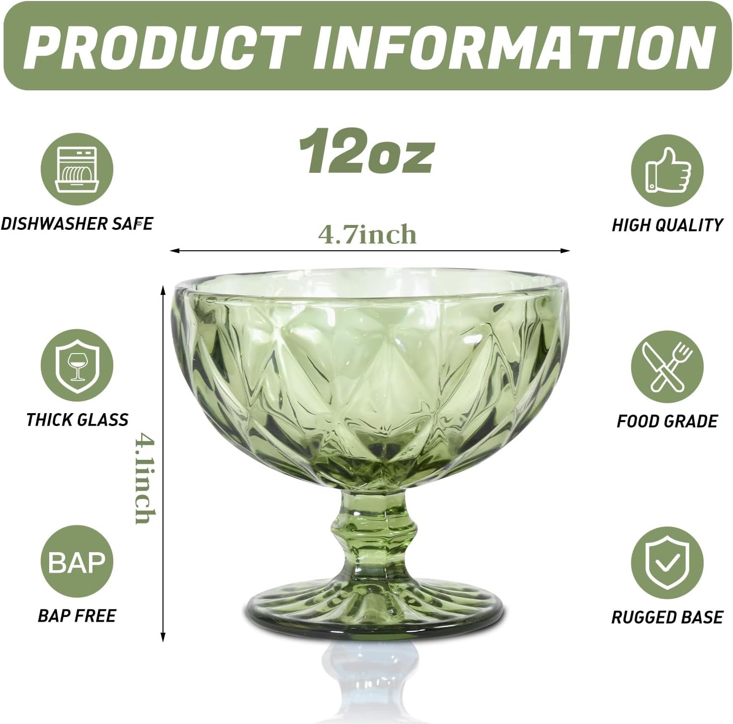 OEM Vintage 12 Oz Green Embossed Glass Dessert Bowls Set of 6 for Ice Cream Fruit Pudding Trifle Parfait Rhombic Factory