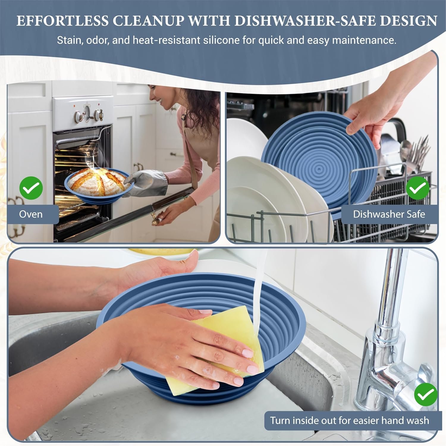 OEM Foldable Silicone Sourdough Banneton Basket Set 9.5 Inch Oval Round Proofing Bowls Oven Dishwasher Safe Gifts for Bakers Blue Manufacturer