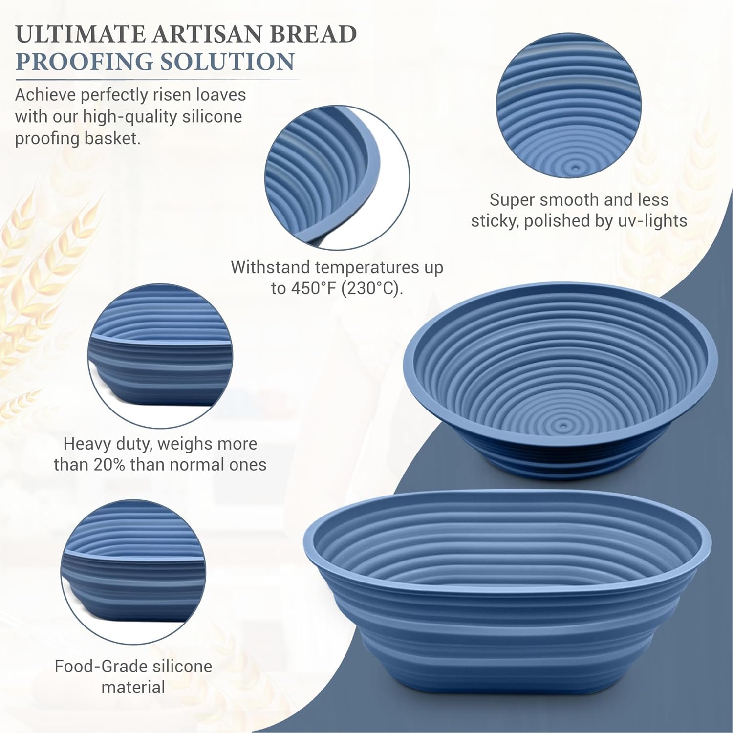 OEM Foldable Silicone Sourdough Banneton Basket Set 9.5 Inch Oval Round Proofing Bowls Oven Dishwasher Safe Gifts for Bakers Blue Manufacturer