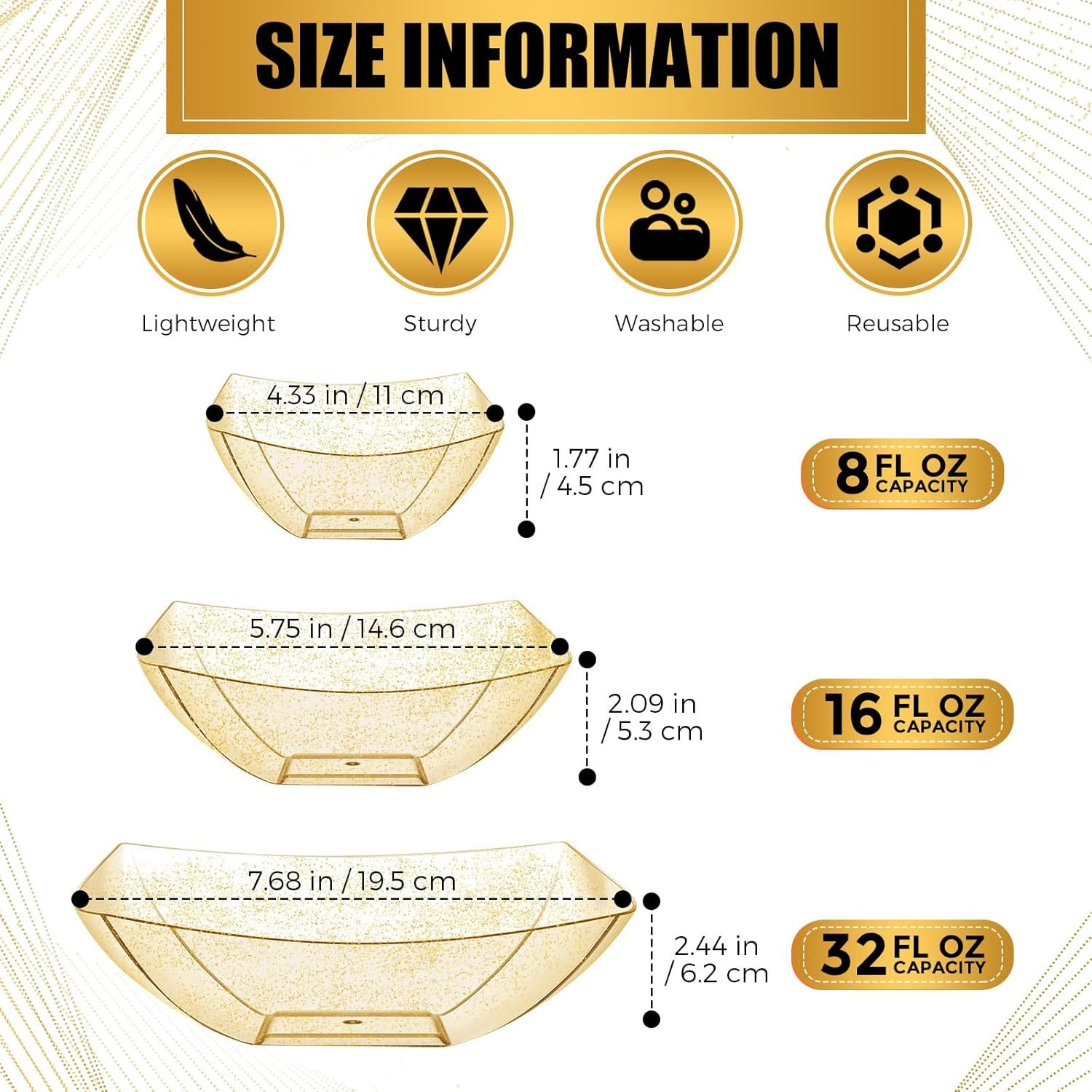 Wholesale 50 Pcs Gold Glitter Square Plastic Disposable Serving Bowls for Snacks Salads Parties Candy Bars Tacos Buffets Chips Fruit(8 oz) Factory