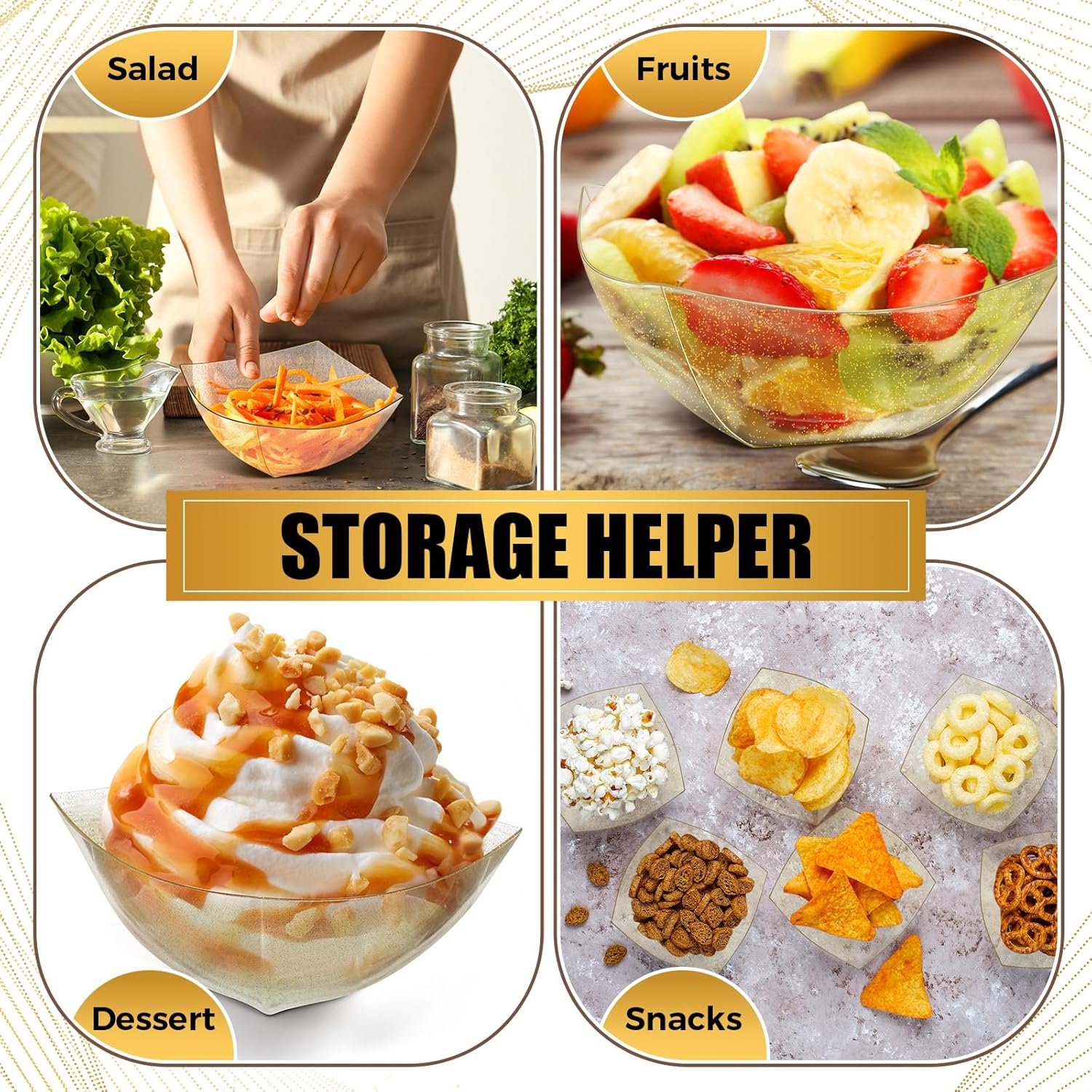 Wholesale 50 Pcs Gold Glitter Square Plastic Disposable Serving Bowls for Snacks Salads Parties Candy Bars Tacos Buffets Chips Fruit(8 oz) Factory