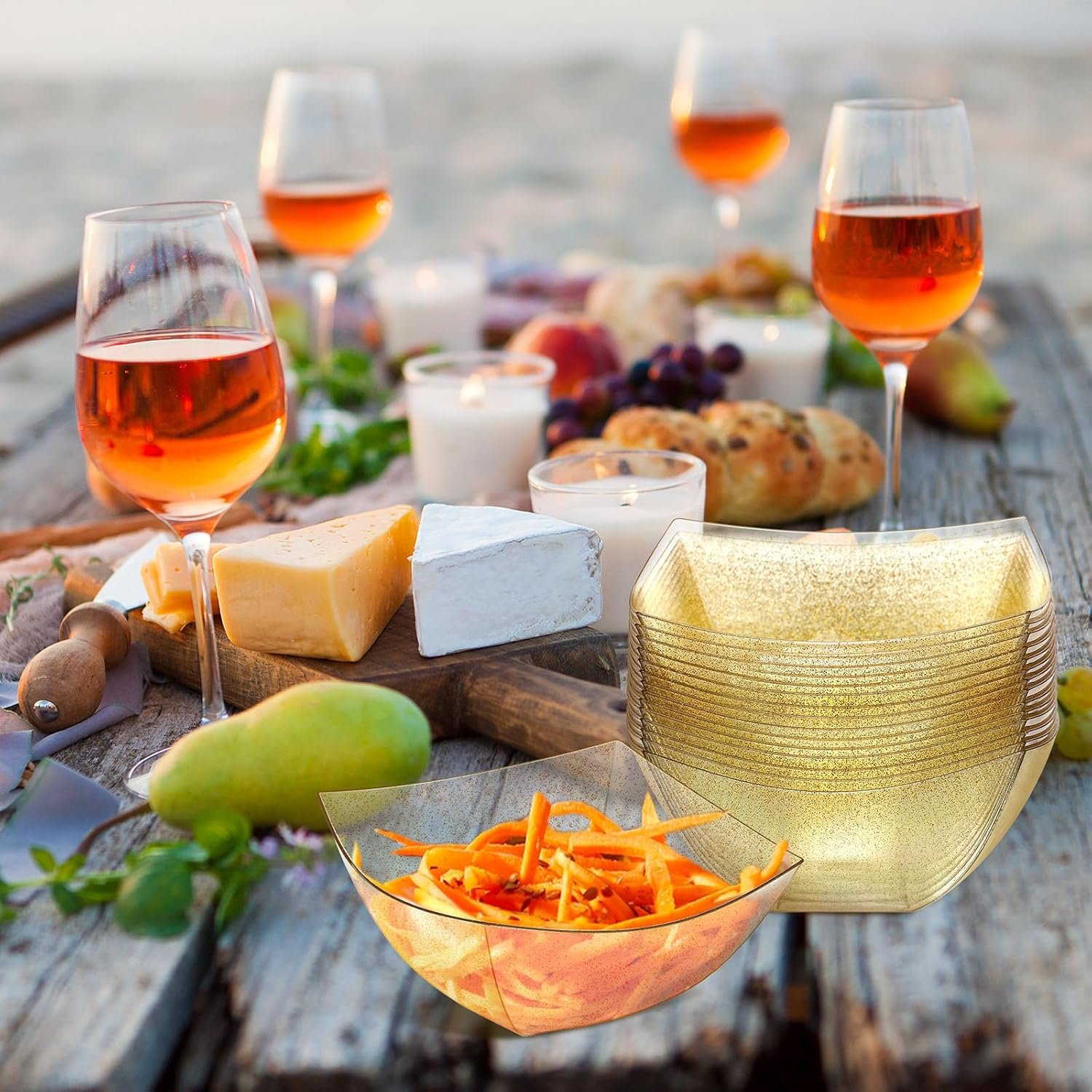 Wholesale 50 Pcs Gold Glitter Square Plastic Disposable Serving Bowls for Snacks Salads Parties Candy Bars Tacos Buffets Chips Fruit(8 oz) Factory