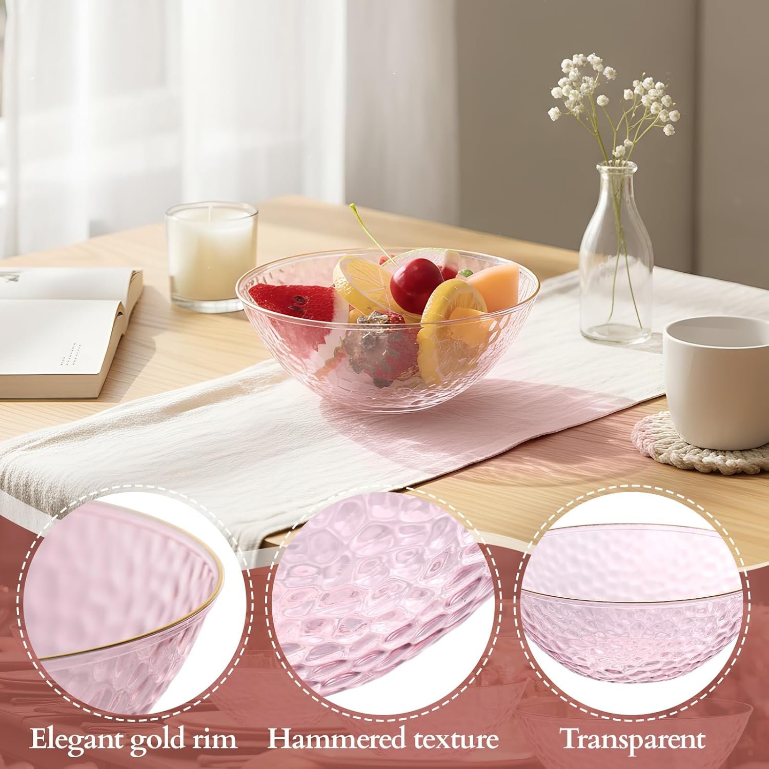 Wholesale 50 Pcs 12 oz Clear Plastic Hammered Gold Rim Bowls Heavyweight Disposable Set for Salad Dinner Parties Weddings Holidays Catering Pink Factory