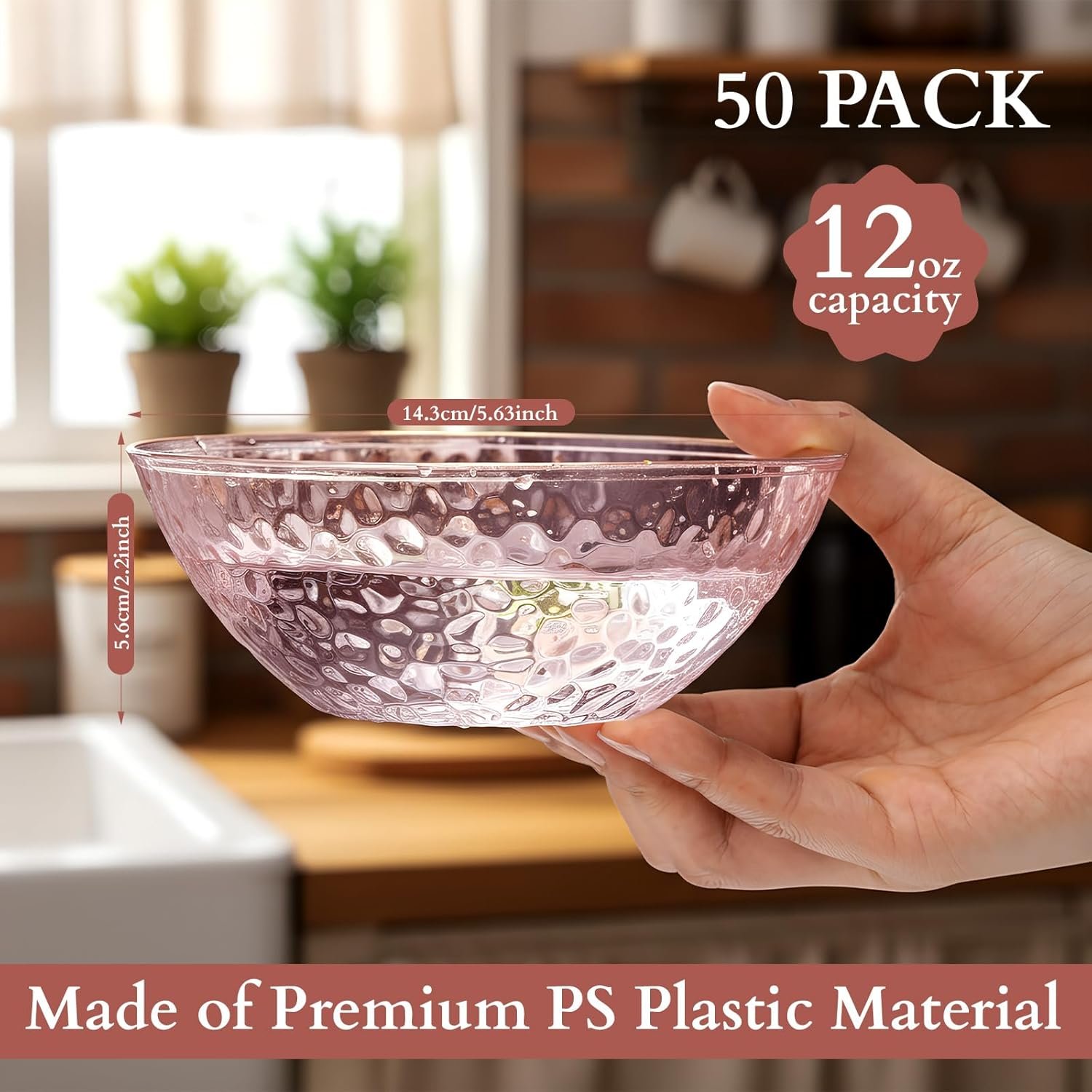 Wholesale 50 Pcs 12 oz Clear Plastic Hammered Gold Rim Bowls Heavyweight Disposable Set for Salad Dinner Parties Weddings Holidays Catering Pink Factory