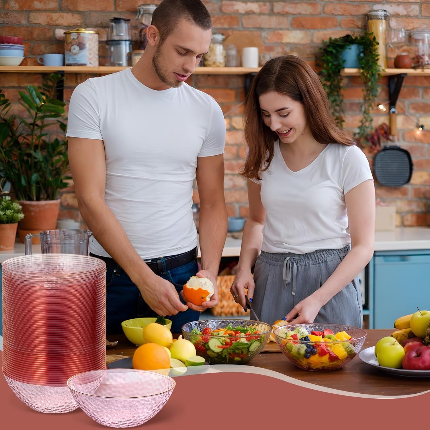 Wholesale 50 Pcs 12 oz Clear Plastic Hammered Gold Rim Bowls Heavyweight Disposable Set for Salad Dinner Parties Weddings Holidays Catering Pink Factory