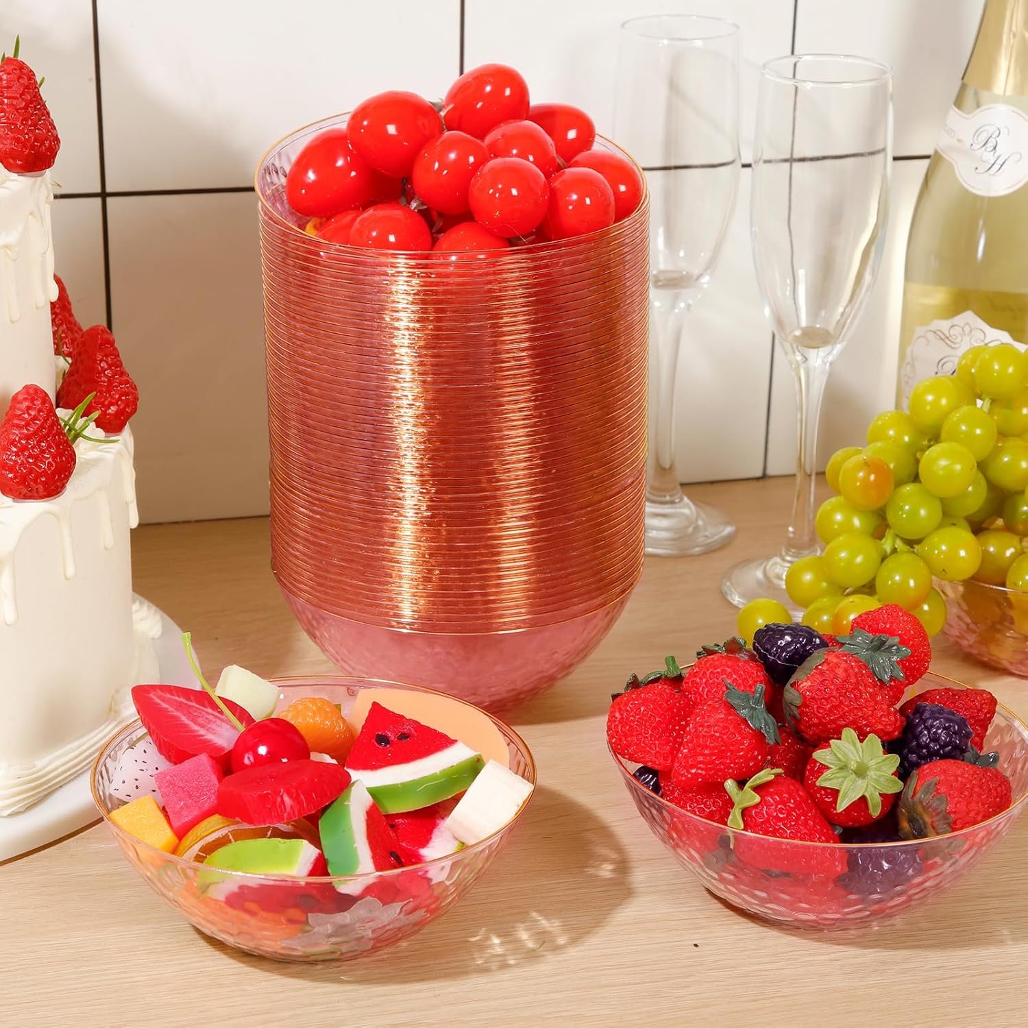 Wholesale 50 Pcs 12 oz Clear Plastic Hammered Gold Rim Bowls Heavyweight Disposable Set for Salad Dinner Parties Weddings Holidays Catering Pink Factory
