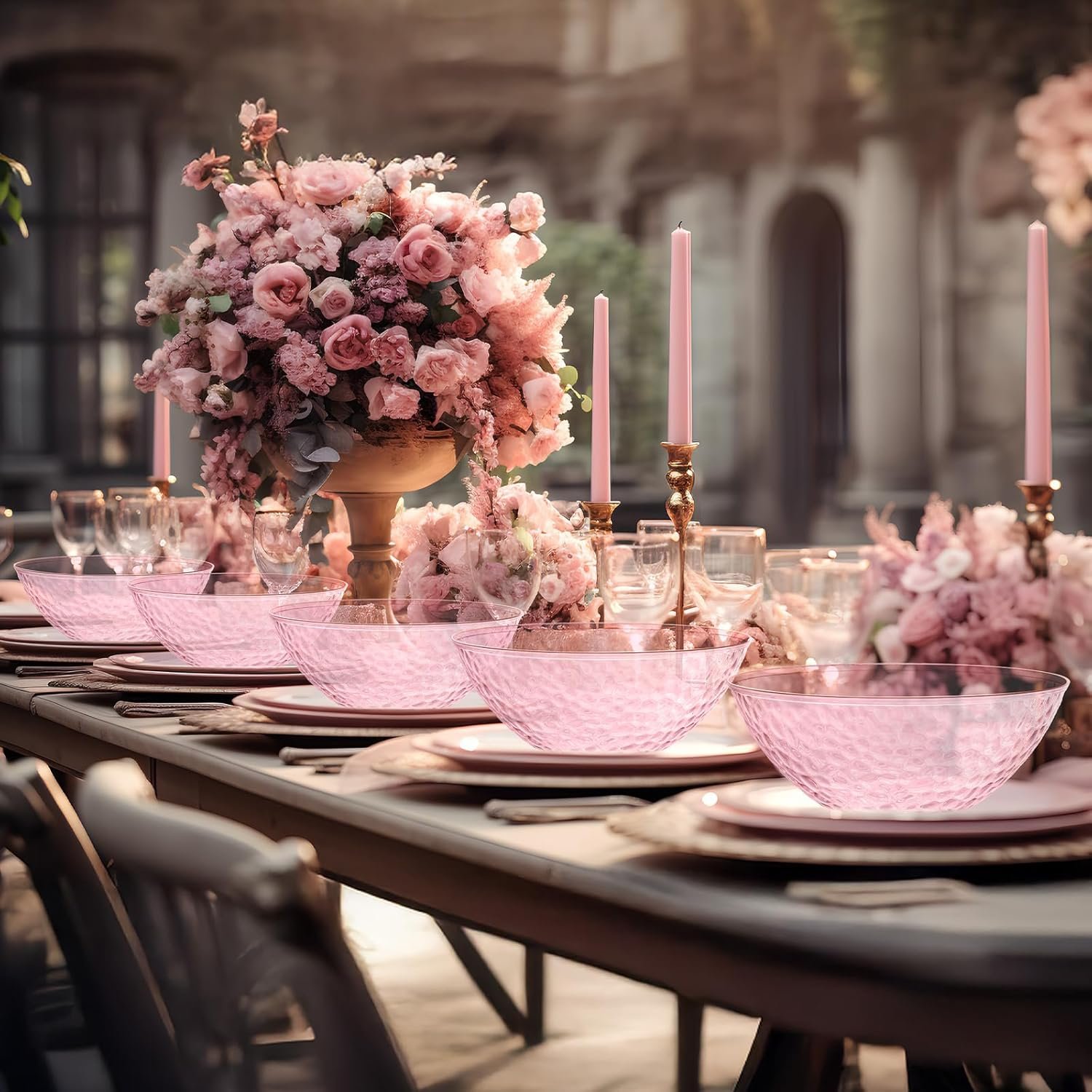 Wholesale 50 Pcs 12 oz Clear Plastic Hammered Gold Rim Bowls Heavyweight Disposable Set for Salad Dinner Parties Weddings Holidays Catering Pink Factory