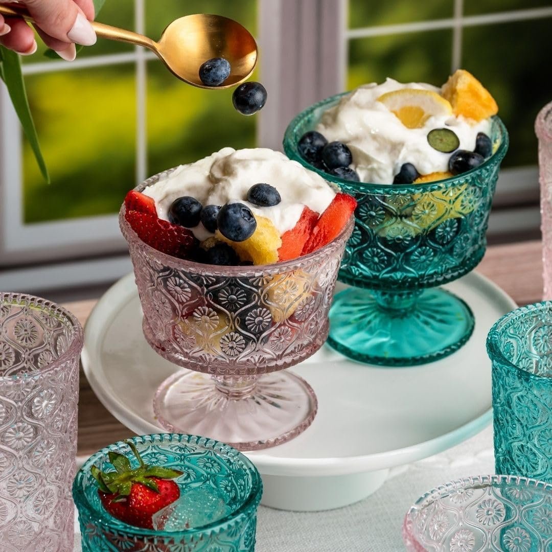 OEM Cameo Blue Dessert Bowls Set of 4 12 Oz Dishwasher Safe Lead-Free Glass Fruit Serving Trifle with Engraved Flowers Pedestal for Parties Table Art supplier OEM Cameo Blue Dessert Bowls Set of 4 12 Oz Dishwasher Safe Lead-Free Glass Fruit Serving Trifle with Engraved Flowers Pedestal for Parties Table Art supplier
