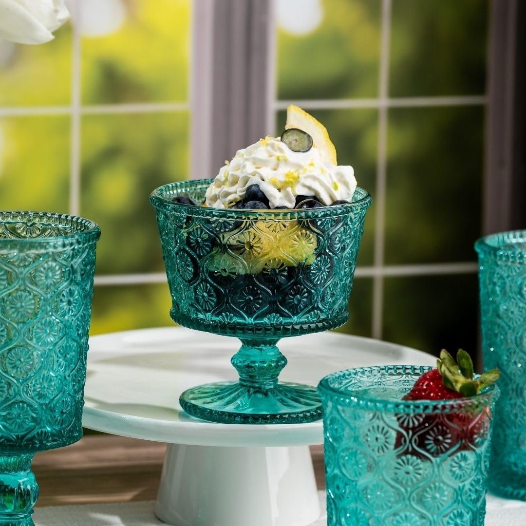 OEM Cameo Blue Dessert Bowls Set of 4 12 Oz Dishwasher Safe Lead-Free Glass Fruit Serving Trifle with Engraved Flowers Pedestal for Parties Table Art supplier OEM Cameo Blue Dessert Bowls Set of 4 12 Oz Dishwasher Safe Lead-Free Glass Fruit Serving Trifle with Engraved Flowers Pedestal for Parties Table Art supplier