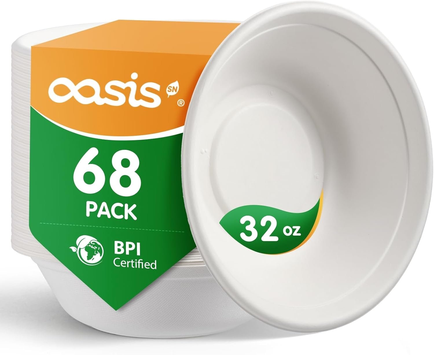 𝟯𝟮 𝗼𝘇, 𝟲𝟴-𝗣𝗮𝗰𝗸 Compostable Paper Bowls, Heavy-Duty Biodegradable Disposable Bowls Made from Bagasse, Eco-Friendly, Microwave & Freezer Safe (White)