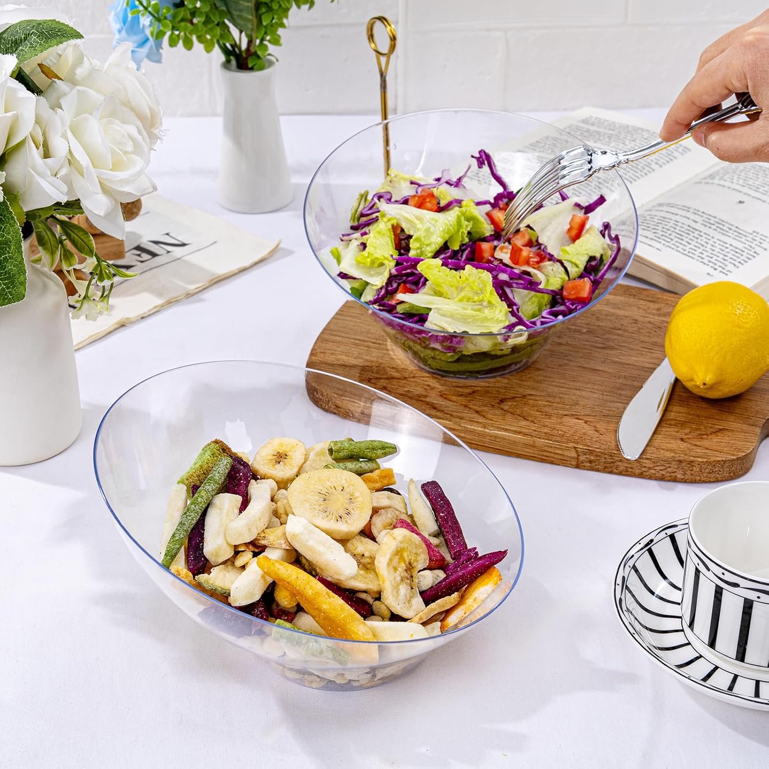 Wholesale 12 Pack 20 OZ Clear Plastic Angled Disposable Serving Bowls for Chips Candy Salad Fruit Parties Weddings Factory Wholesale 12 Pack 20 OZ Clear Plastic Angled Disposable Serving Bowls for Chips Candy Salad Fruit Parties Weddings Factory