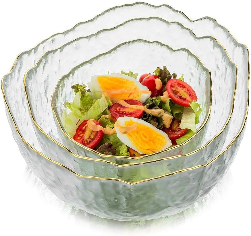 Glasseam Glass Salad Bowls: Clear Serving Bowls Set of 3 Blown Decorative Bowl for Home Decor Modern Cute Mixing Bowls Stacking Fruit Punch Bowl Decor for Kitchen Party Candy Snack Prep Dessert
