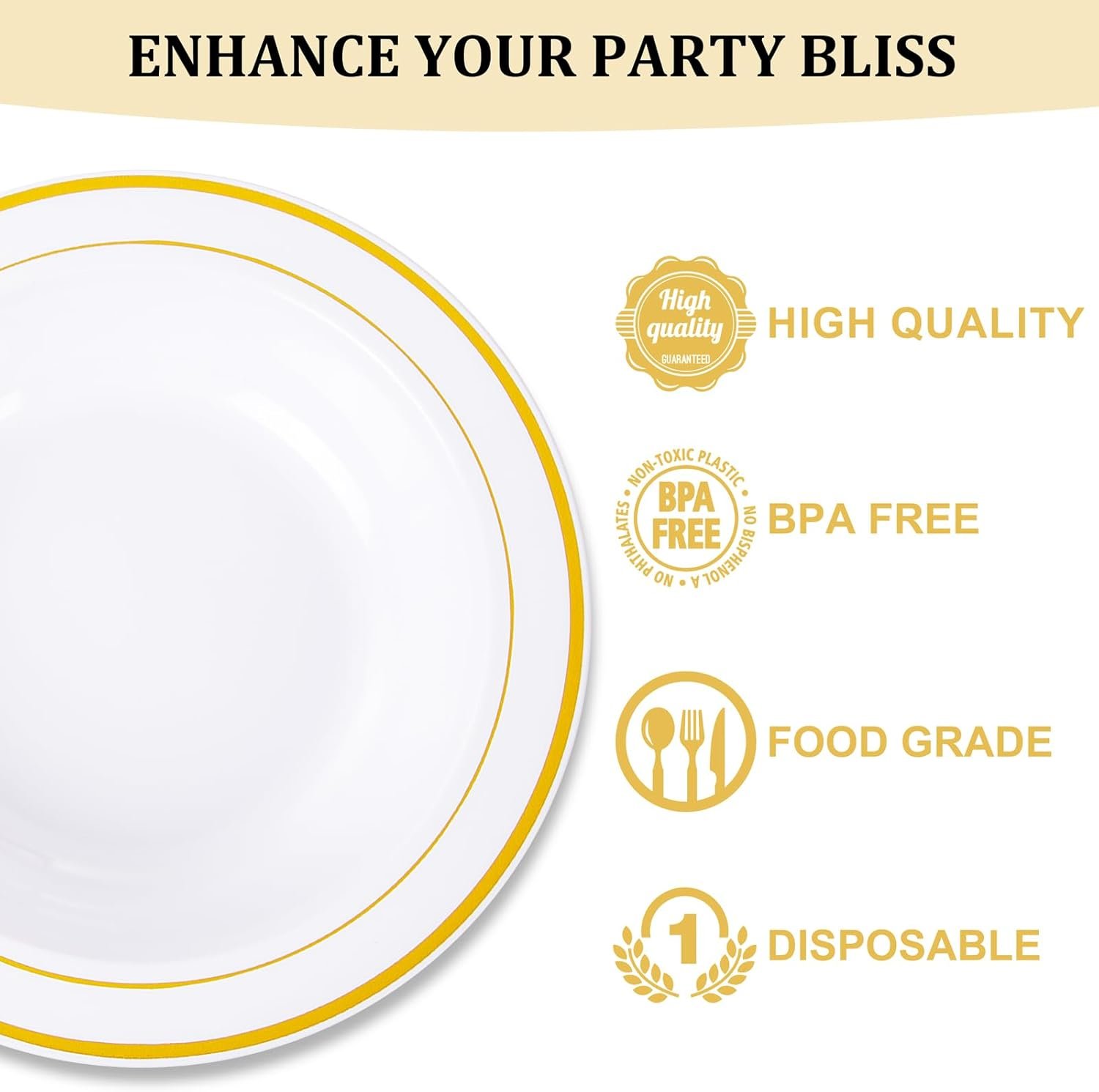 Wholesale 50 Pack 12oz Plastic Bowls with Gold Rim - Disposable Heavy Duty Soup Dessert Salad Ice Cream Bowls for Weddings Parties Thanksgiving Everyday Use Factory