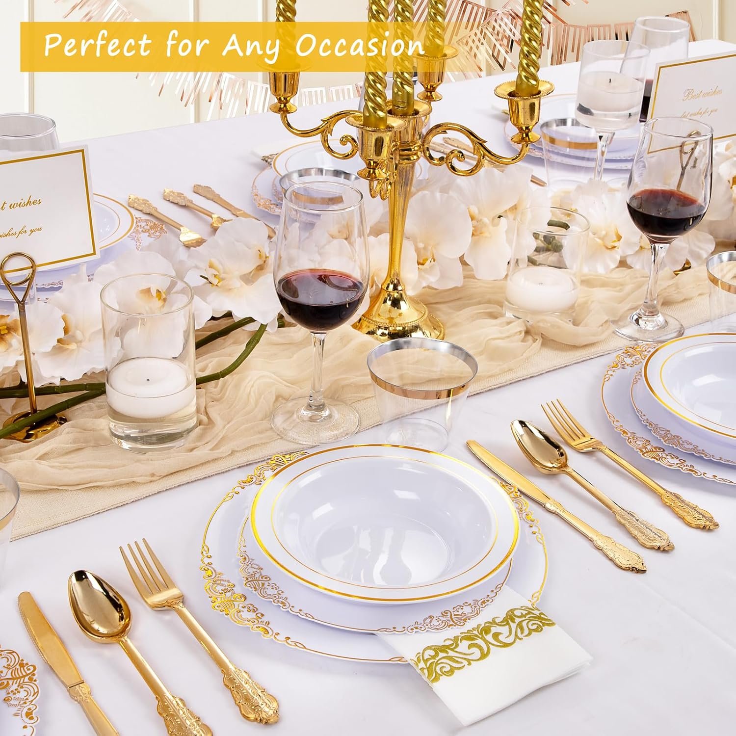 Wholesale 50 Pack 12oz Plastic Bowls with Gold Rim - Disposable Heavy Duty Soup Dessert Salad Ice Cream Bowls for Weddings Parties Thanksgiving Everyday Use Factory